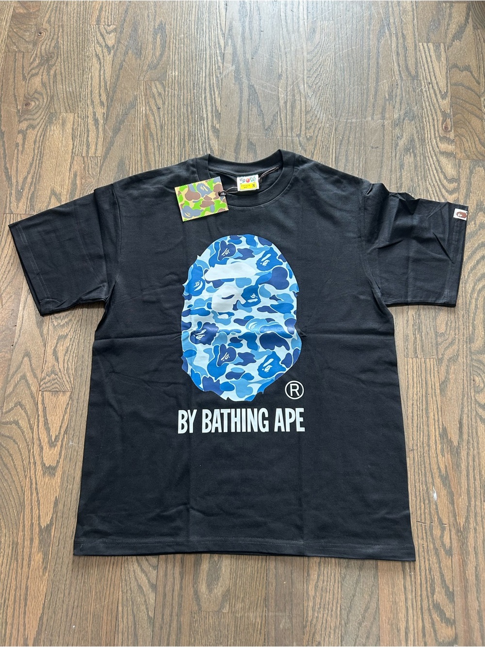 BAPE Black Short Sleeve Tee with Blue Camo Ape Logo